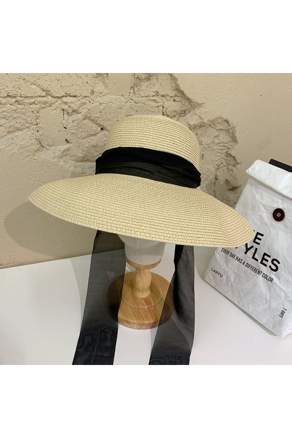 Straw Hat Female Summer Hats, Brimn French Sunscreen Hepburn Winding Hat Beaches, Folding Wild Hat Female Sunscreen Hat
