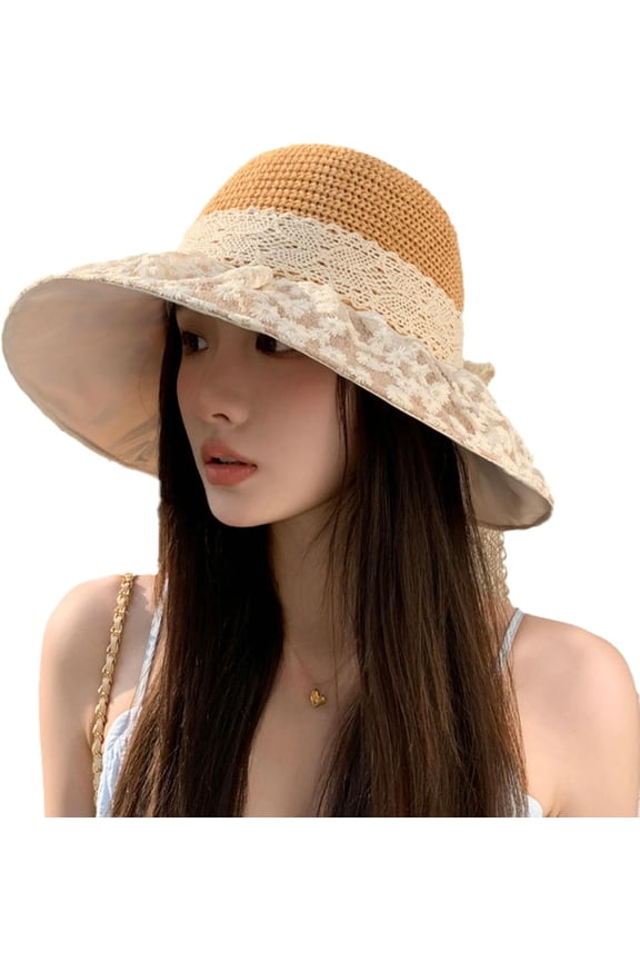 Straw Hat Summer Women Beach Bow Sun Protection New Hat Sweet Floral Lace Fisherman Hat