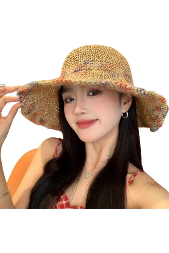 Straw Hats for Women Wide Brim Ruffle Brim Floppy Sun Hat Foldable Packable Wide Brim Summer Beach Hat Crochet Bucket Hat