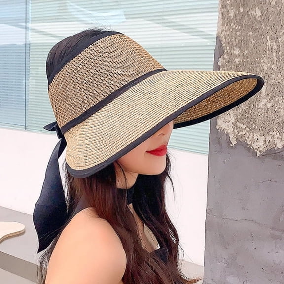 YooGuoGuo Summer New Women's Grass Knitted Headless Breathable Large Brim Sun Visor Hat Outdoor Sports Sun Protection Bow Open Top Hat