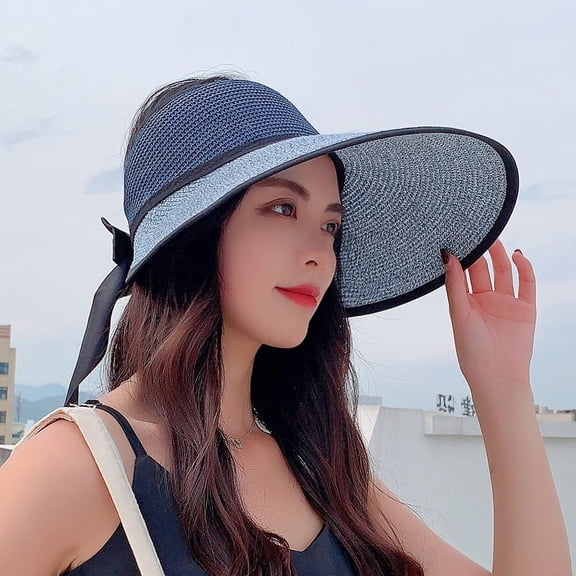 YooGuoGuo Summer New Women's Grass Knitted Headless Breathable Large Brim Sun Visor Hat Outdoor Sports Sun Protection Bow Open Top Hat