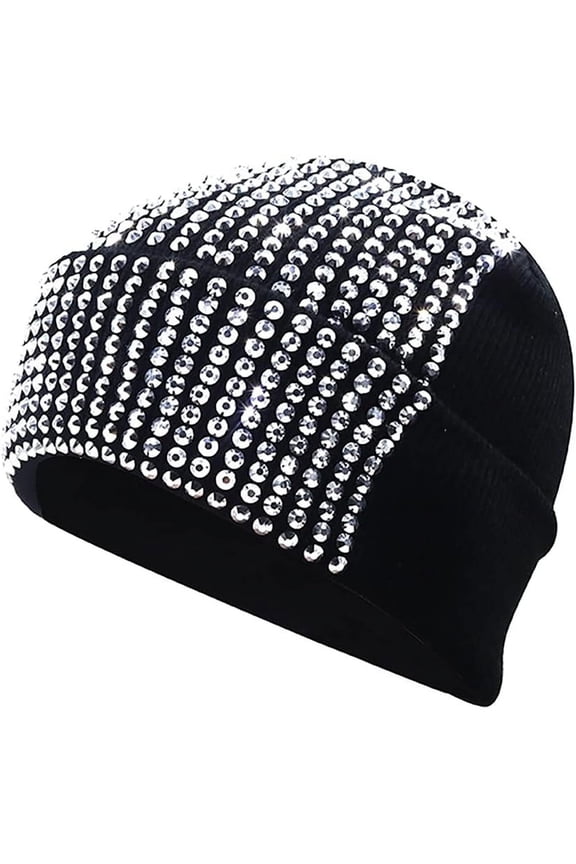 Unisex Shiny Bling Cuffed Beanie with Rhinestone for Men Women Winter Knit Soft Hat Stretchy Skull Cap Beige
