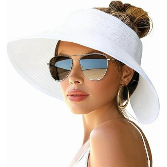 YooGuoGuo Wide Brim Straw Sun Hat for Women Foldable and Adjustable Boho Beach Hat with Open Crown for Ponytail Travel-Friendly