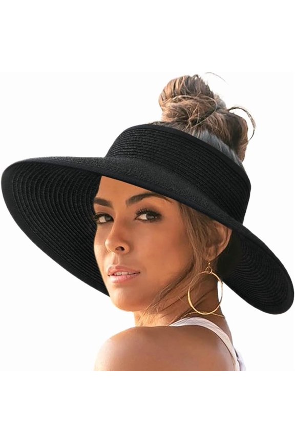 Wide Brim Straw Sun Hat for Women Foldable and Adjustable Boho Beach Hat with Open Crown for Ponytail Travel-Friendly