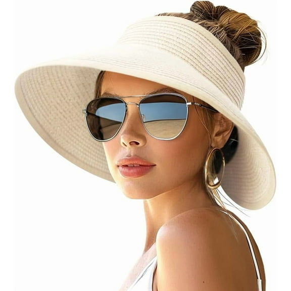 YooGuoGuo Wide Brim Straw Sun Hat for Women Foldable and Adjustable Boho Beach Hat with Open Crown for Ponytail Travel-Friendly