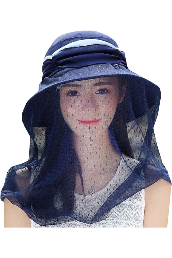 Wide Brim Sun UV Protection Sunhat with Mesh Veil Head Net Hat