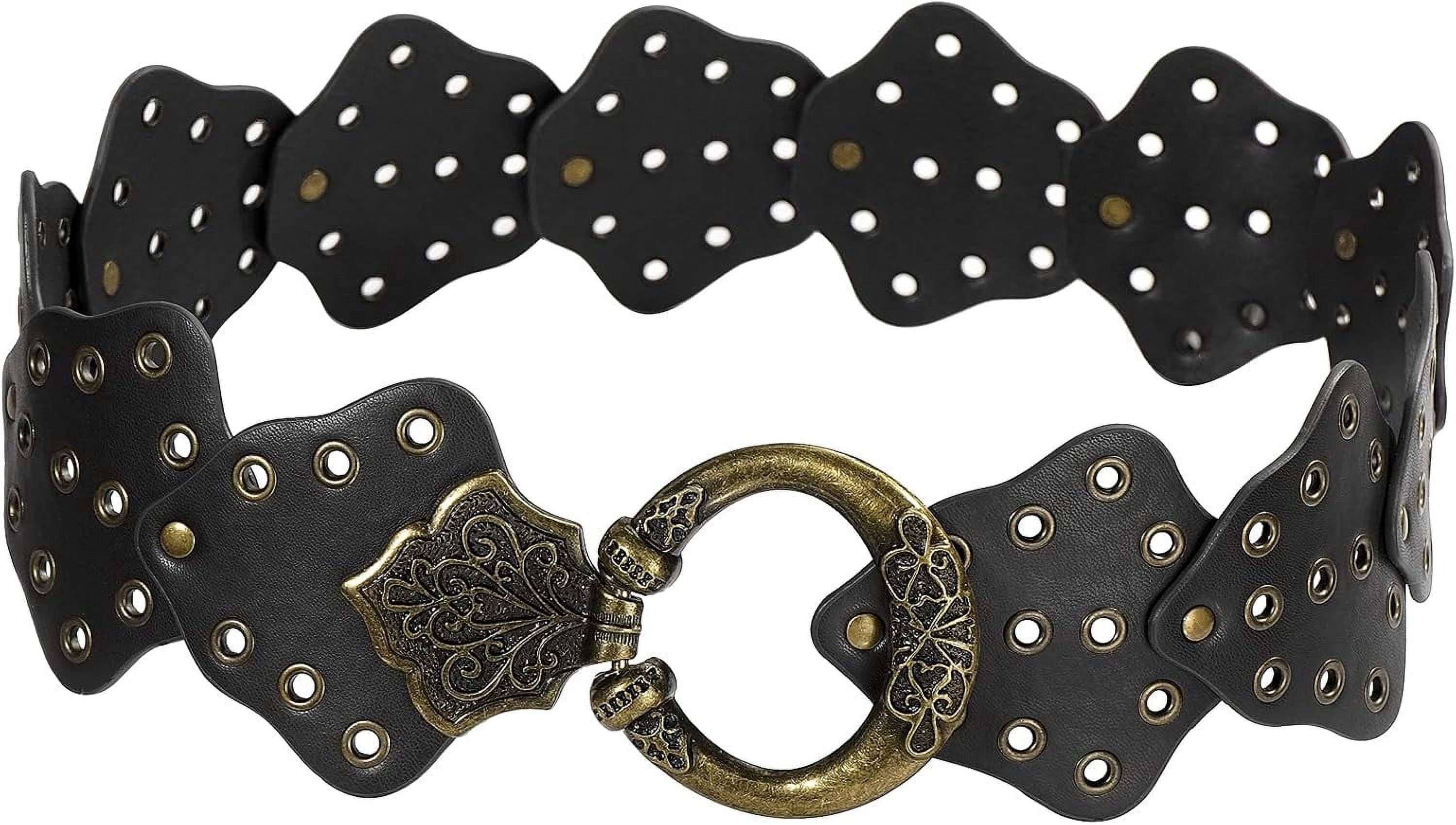 9249 Hollow Wide Disc Belt For Women Out Round Leather Metal Buckle Brown Round Western Disc Buckle Belt | Boohoo USA main image 3