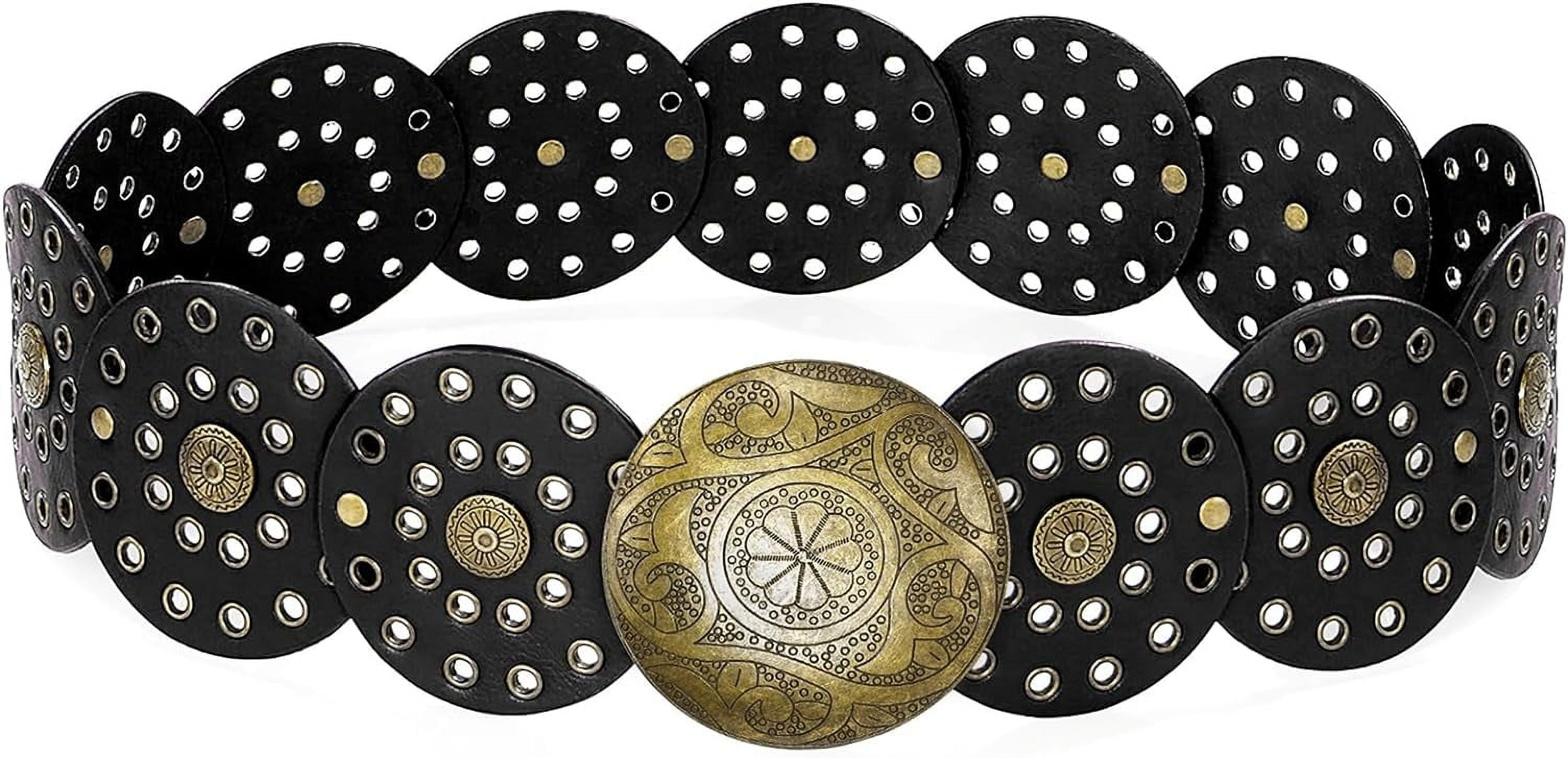 9249 Hollow Wide Disc Belt For Women Out Round Leather Metal Buckle Brown Round Western Disc Buckle Belt | Boohoo USA main image 4