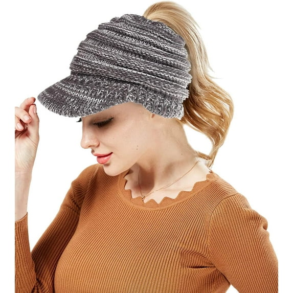 YooGuoGuo Winter Cable Knit Beanie Cap Soft Stretch Messy High Bun Ponytail Hat Unisex Warm Fleece Lined Skull Cap
