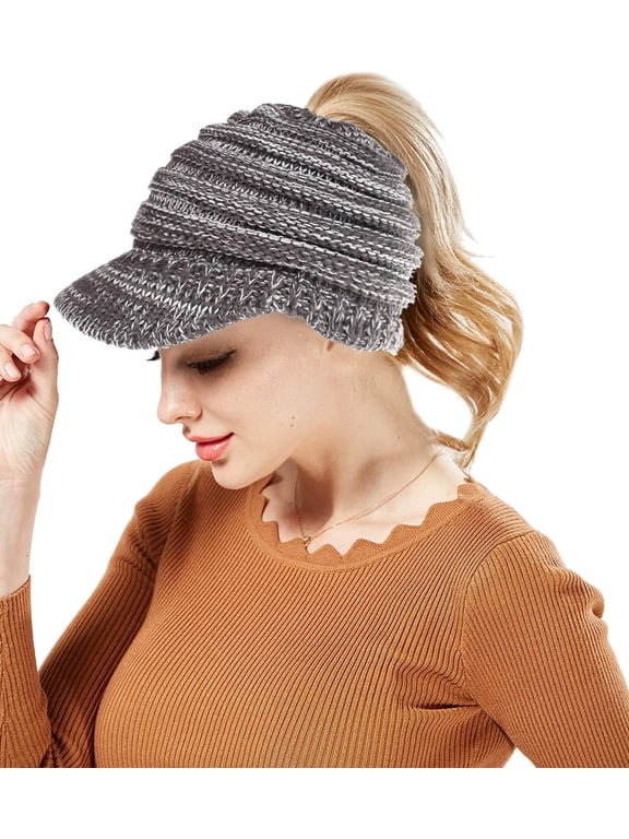 Winter Cable Knit Beanie Cap Soft Stretch Messy High Bun Ponytail Hat Unisex Warm Fleece Lined Skull Cap