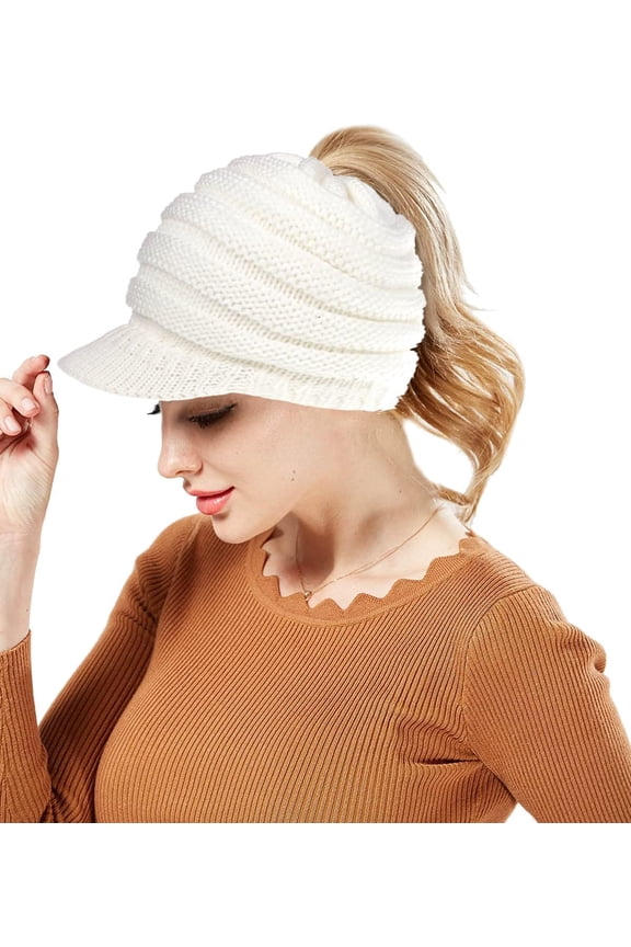 Winter Cable Knit Beanie Cap Soft Stretch Messy High Bun Ponytail Hat Unisex Warm Fleece Lined Skull Cap
