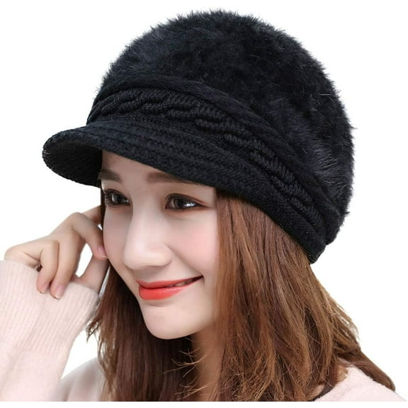 YooGuoGuo Winter Knit Hats with Visor for Women Warm Knitted Slouchy Wool Hats Thick Newsboy Beanie Hat Brim Cap