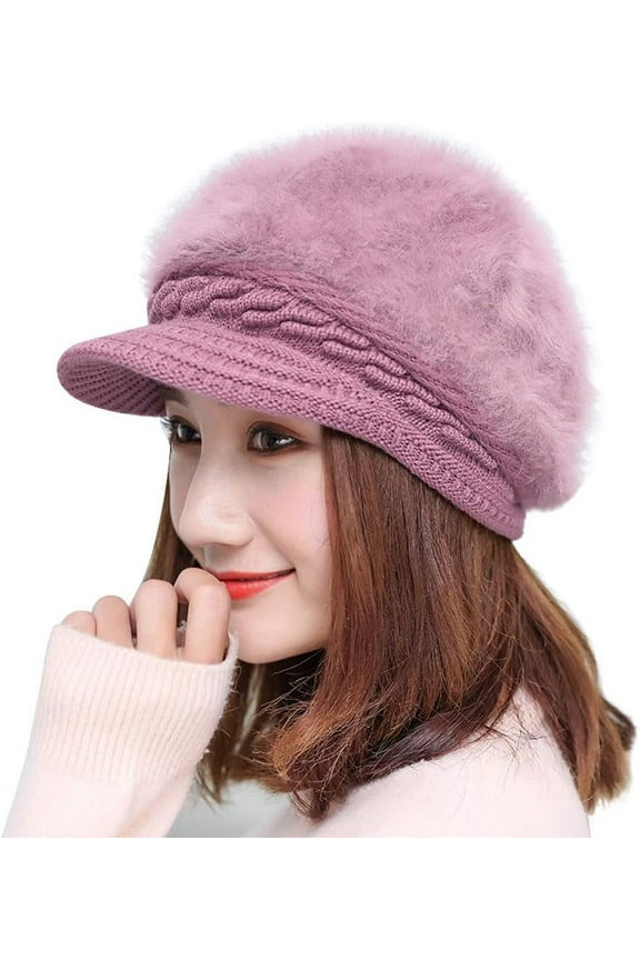 Winter Knit Hats with Visor for Women Warm Knitted Slouchy Wool Hats Thick Newsboy Beanie Hat Brim Cap