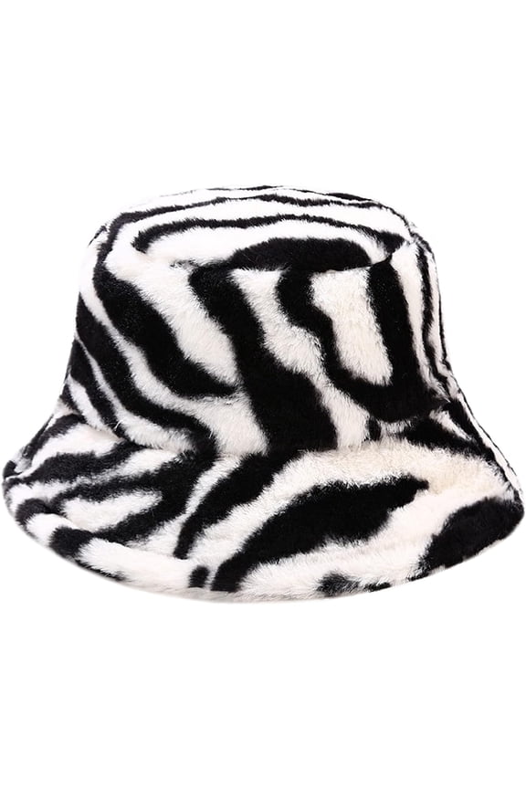 Winter Plush Bucket Hat Warm Zebra Animal Print Fisherman Cap
