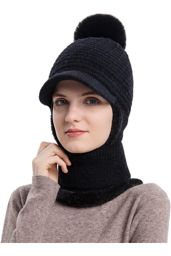 Women Balaclava Visor One-Piece Skull Beanie Hat Neck Circle Scarf Ski Snow Winter Knit Fleece Cap Cold Weather