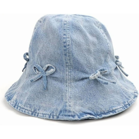 YooGuoGuo Women Fashion Vintage Denim Bucket Hat Sweet Bow Decoration Wide Brim Rounded Top Sun Hat