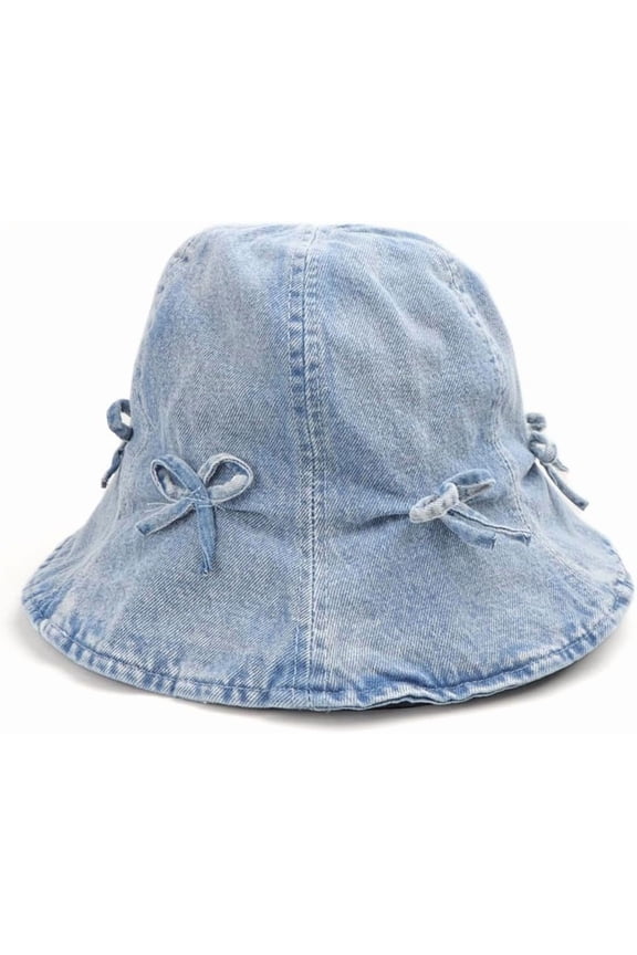 Women Fashion Vintage Denim Bucket Hat Sweet Bow Decoration Wide Brim Rounded Top Sun Hat