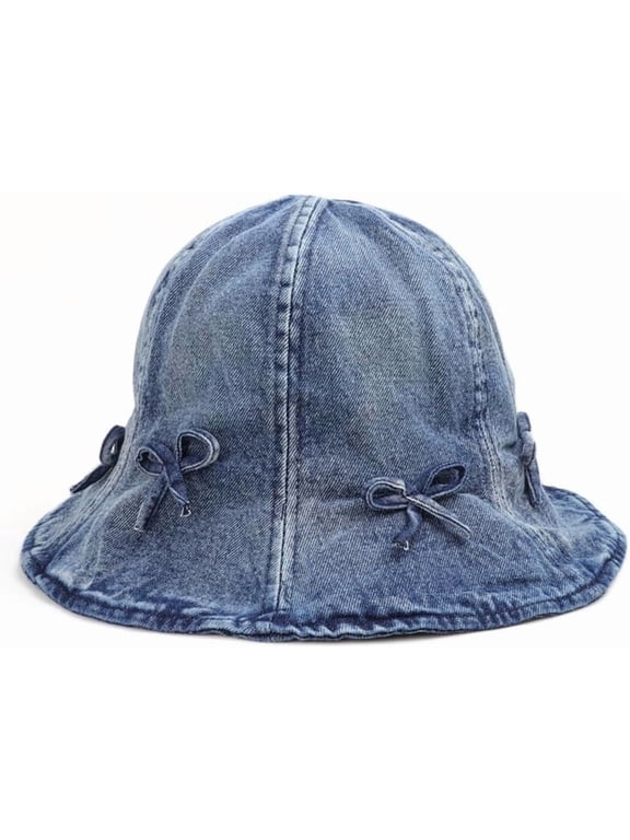 Women Fashion Vintage Denim Bucket Hat Sweet Bow Decoration Wide Brim Rounded Top Sun Hat