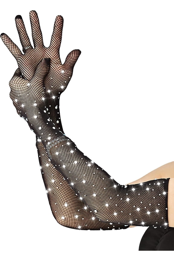 Women Fishnet Rhinestone Gloves Fingerless Kids Fish Net Arm Sleeve Warmers 80s Emo Scene Accessories