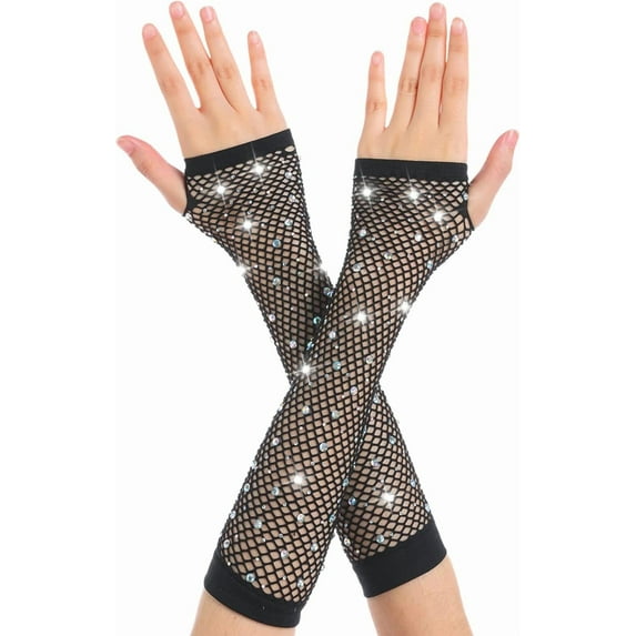 YooGuoGuo Women Fishnet Rhinestone Gloves Fingerless Kids Fish Net Arm Sleeve Warmers 80s Emo Scene Accessories