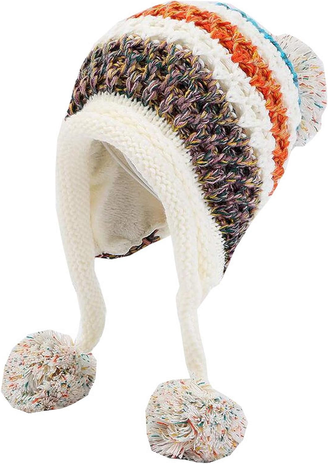 YooGuoGuo Women Fleece Lined Beanie Cap Contrast Color Warm Knitted Ski Hat w/Earflap Pom