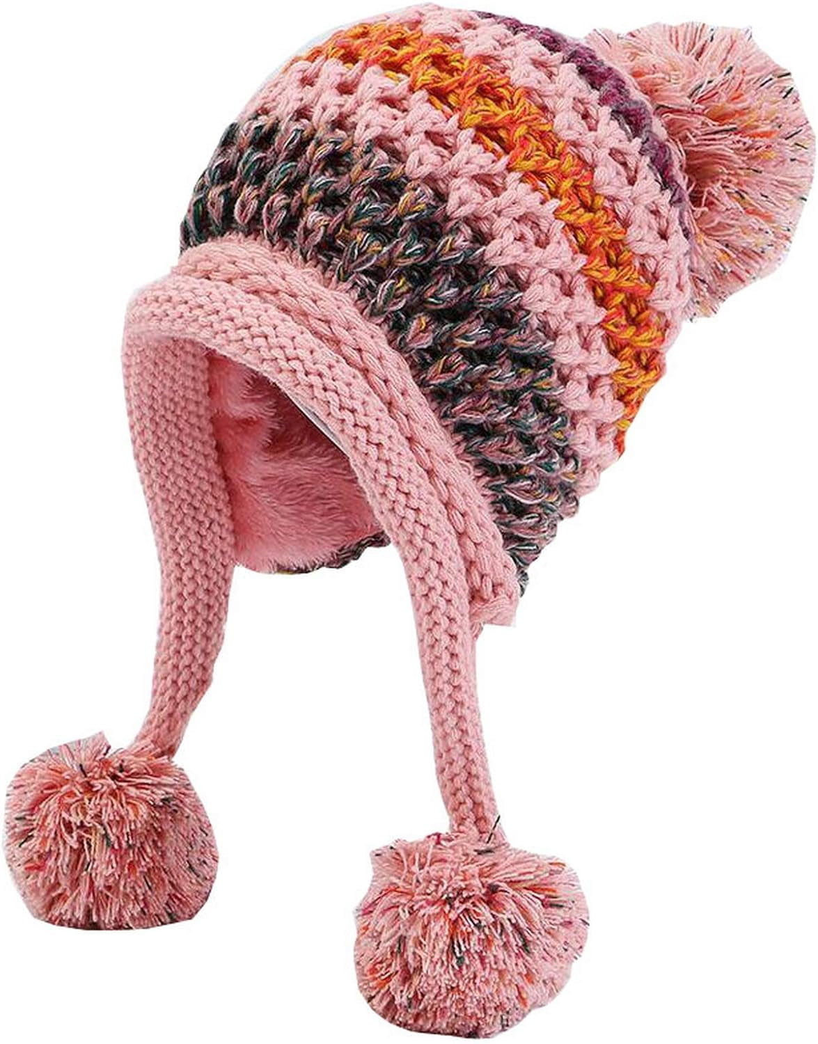 YooGuoGuo Women Fleece Lined Beanie Cap Contrast Color Warm Knitted Ski Hat w/Earflap Pom