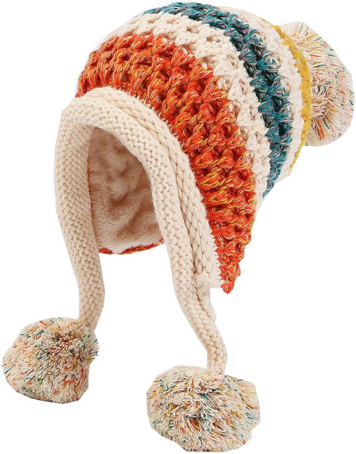 YooGuoGuo Women Fleece Lined Beanie Cap Contrast Color Warm Knitted Ski Hat w/Earflap Pom