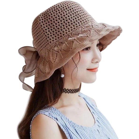 YooGuoGuo Women Girls Bow Bucket Hat Hollow Breathable Sun Visor Hat Hand-Woven Wide Brim Fisherman Cap Crochet Crown Beach Sun Hats