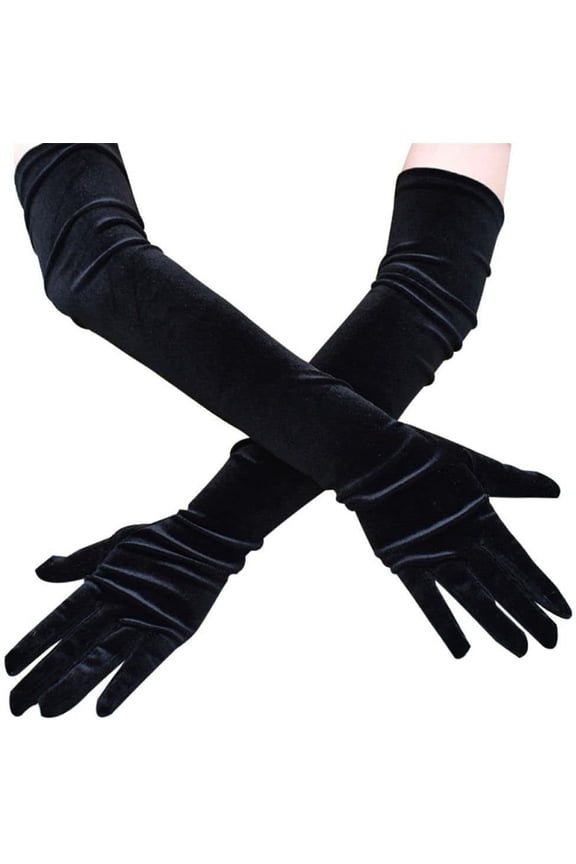 Women Golden Velvet Long Autumn Winter Warm Black Evening Dress Etiquette Gloves Retro Style Banquet Accessories Elasticity