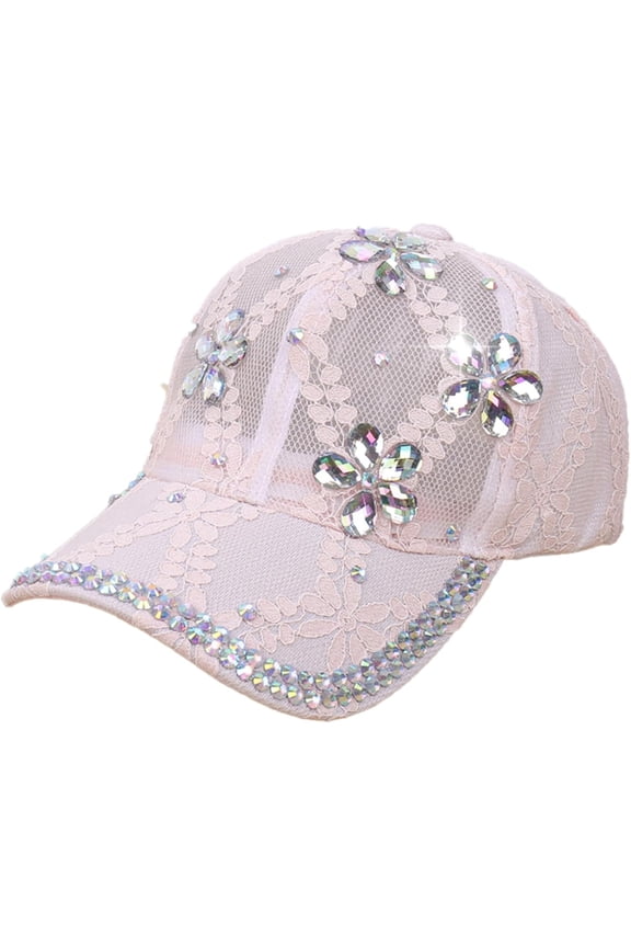 Women Lace Baseball Cap Bling Rhinestone Pearl Floral Summer Breathable Mesh Sun Hat Adjustable Outdoor