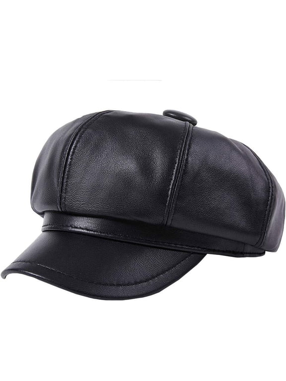 Women PU Leather 8 Panel Newsboy Hats Vintage Visor Beret Baker Boy Caps