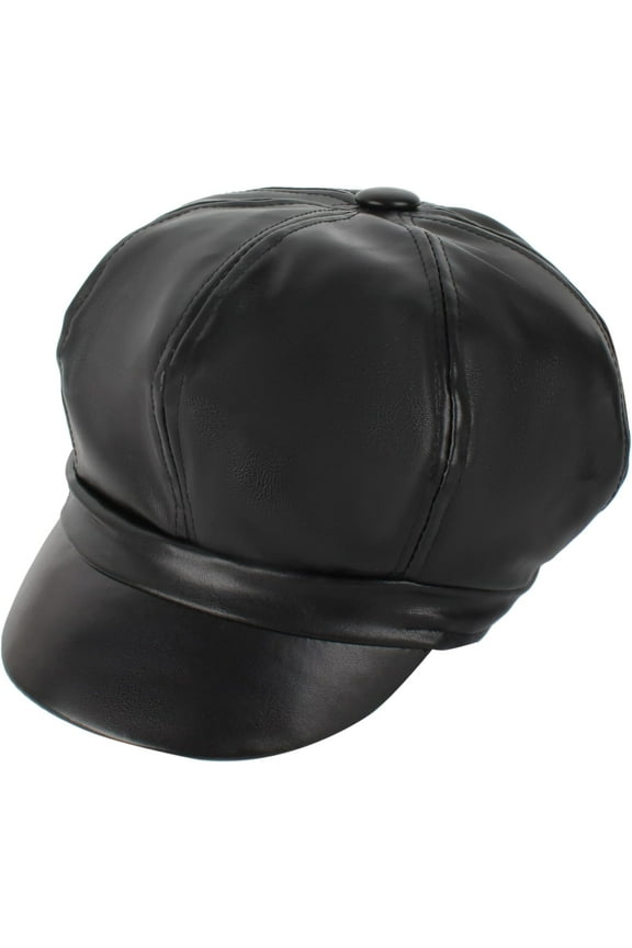 Women Solid Color PU Leather Newsboy Cap Painter Hat Visor Beret Black