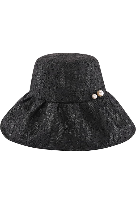 Women Sun Hat Lace Summer Beach Cap Fashion Pearl Foldable Visor Floppy Hats Wide Brim with Bowknot Bucket Cap
