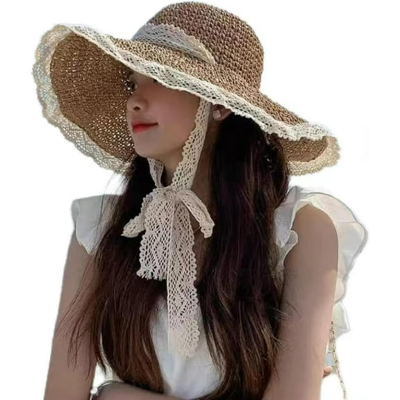 YooGuoGuo Women Sun Hat Wide Brim Straw Hat with Lace Ribbon Packable Floppy Summer Beach Cap Elegant Cottagecore Accessories