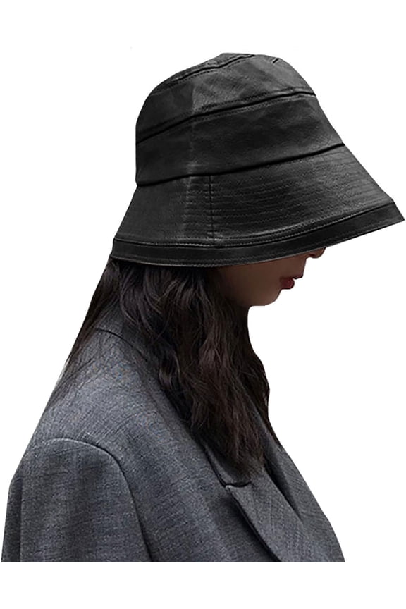 Women Wide Brim Fall Winter PU Leather Bucket Hat Waterproof Fishermen Cap