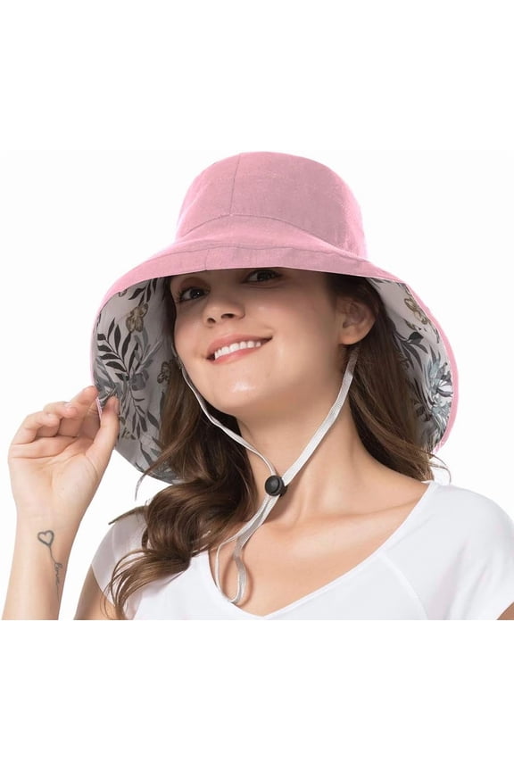 Women Wide Brim Sun Hats with Strap Foldable UPF 50+ Sun Protective Cotton Bucket Hat Anti UV Beach Holiday Hat