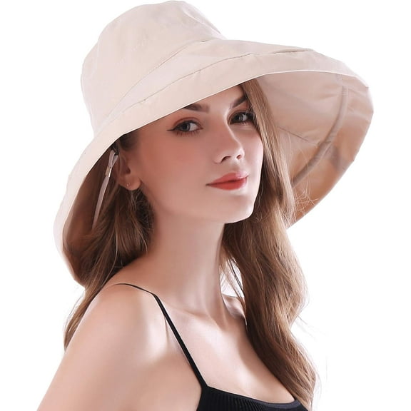 YooGuoGuo Women Wide Brim Sun Hats with Strap Foldable UPF 50  Sun Protective Cotton Bucket Hat Anti UV Beach Holiday Hat
