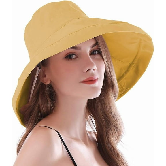 YooGuoGuo Women Wide Brim Sun Hats with Strap Foldable UPF 50  Sun Protective Cotton Bucket Hat Anti UV Beach Holiday Hat