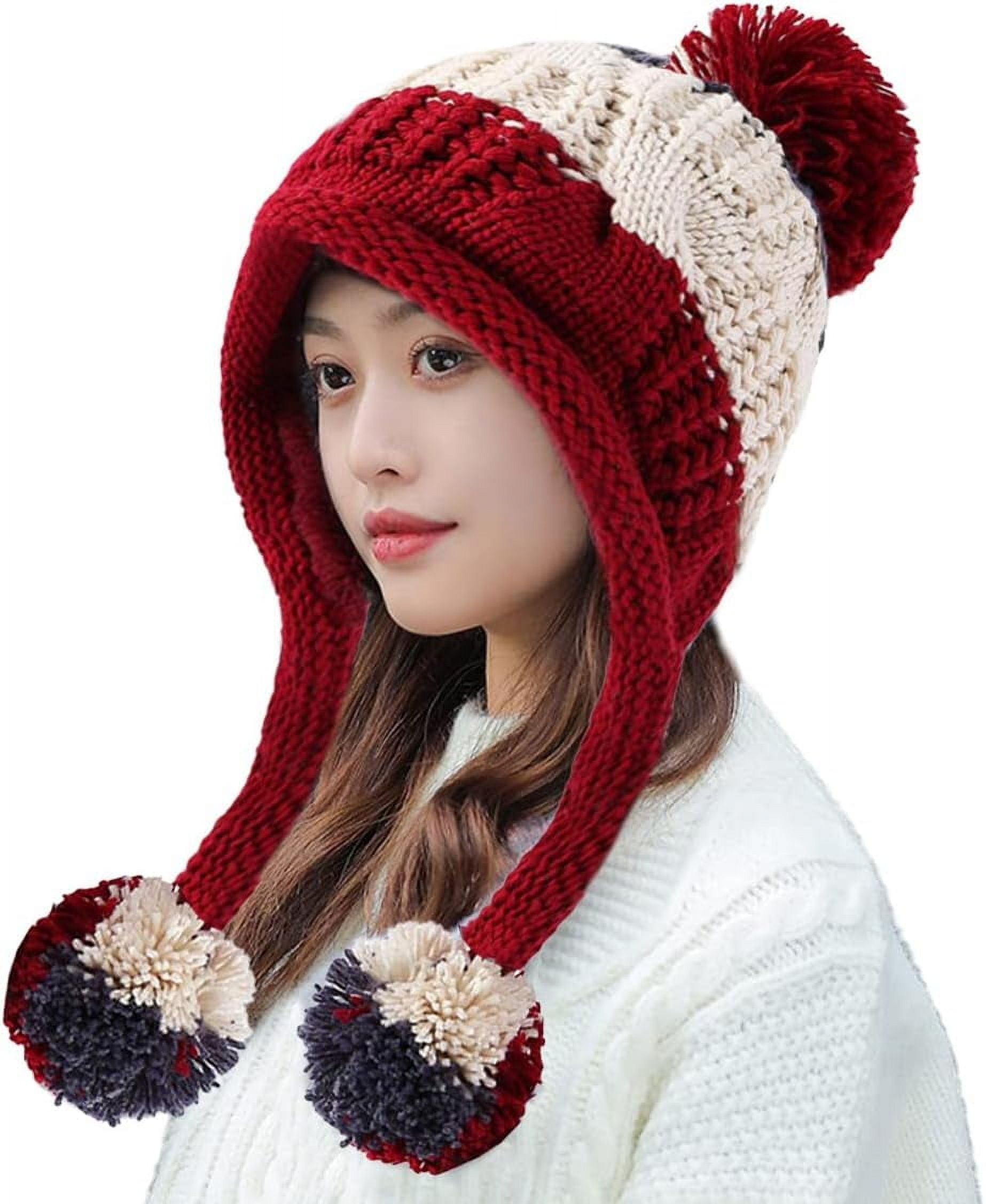 YooGuoGuo Women Winter Beanie Hat Earflap Peruvian Warm Slouchy Fleece Lined 3 Pom Poms Knit Sherpa Fluffy Soft Ski Hats