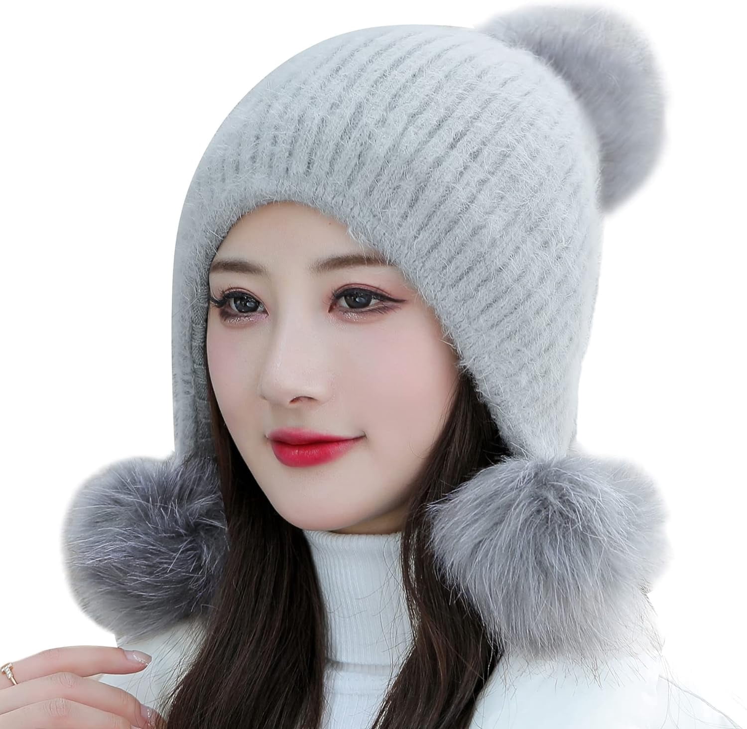 YooGuoGuo Women Winter Beanie Hat Earflap Peruvian Warm Slouchy Fleece Lined 3 Pom Poms Knit Sherpa Fluffy Soft Ski Hats