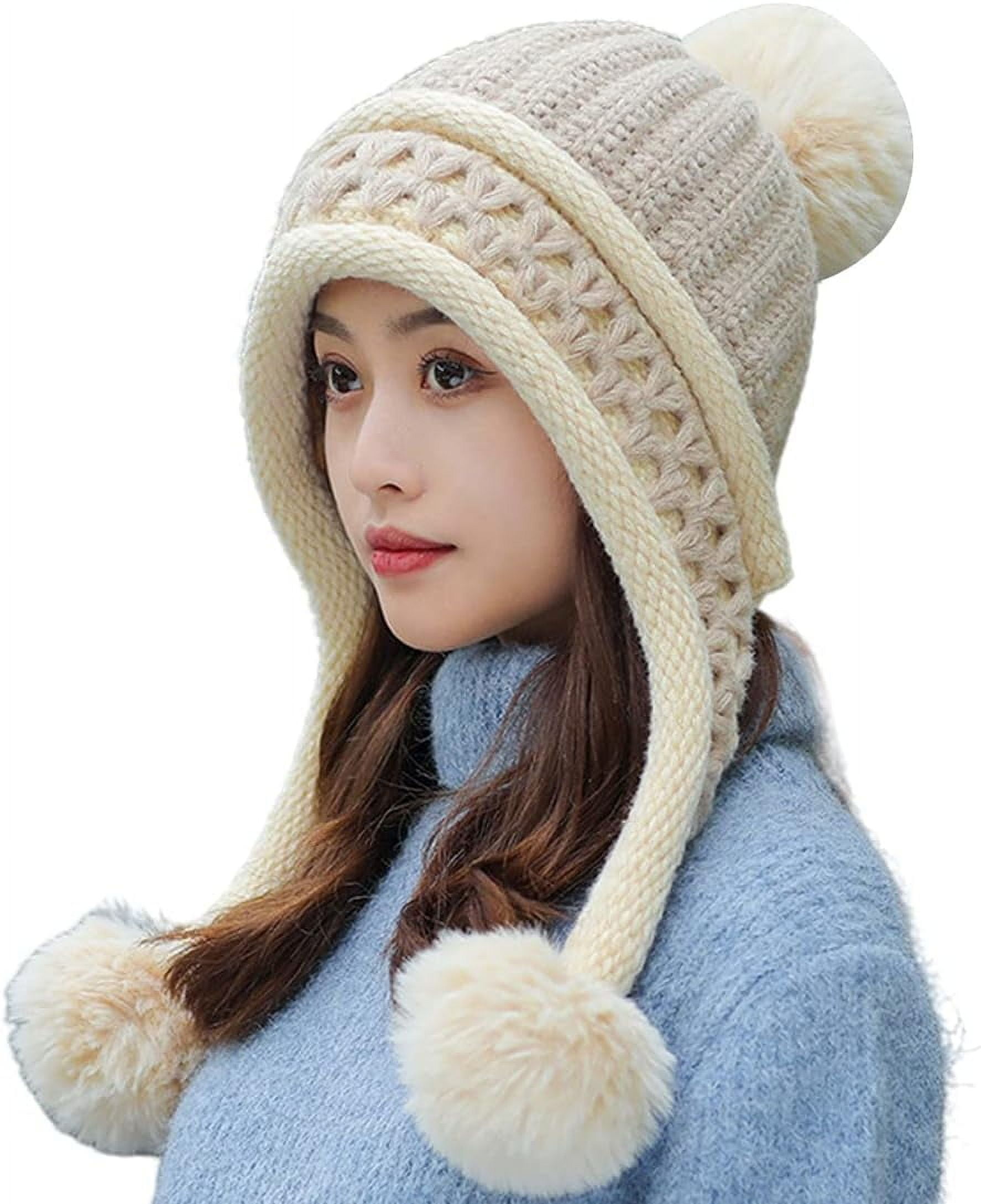 YooGuoGuo Women Winter Beanie Hat Earflap Peruvian Warm Slouchy Fleece Lined 3 Pom Poms Knit Sherpa Fluffy Soft Ski Hats