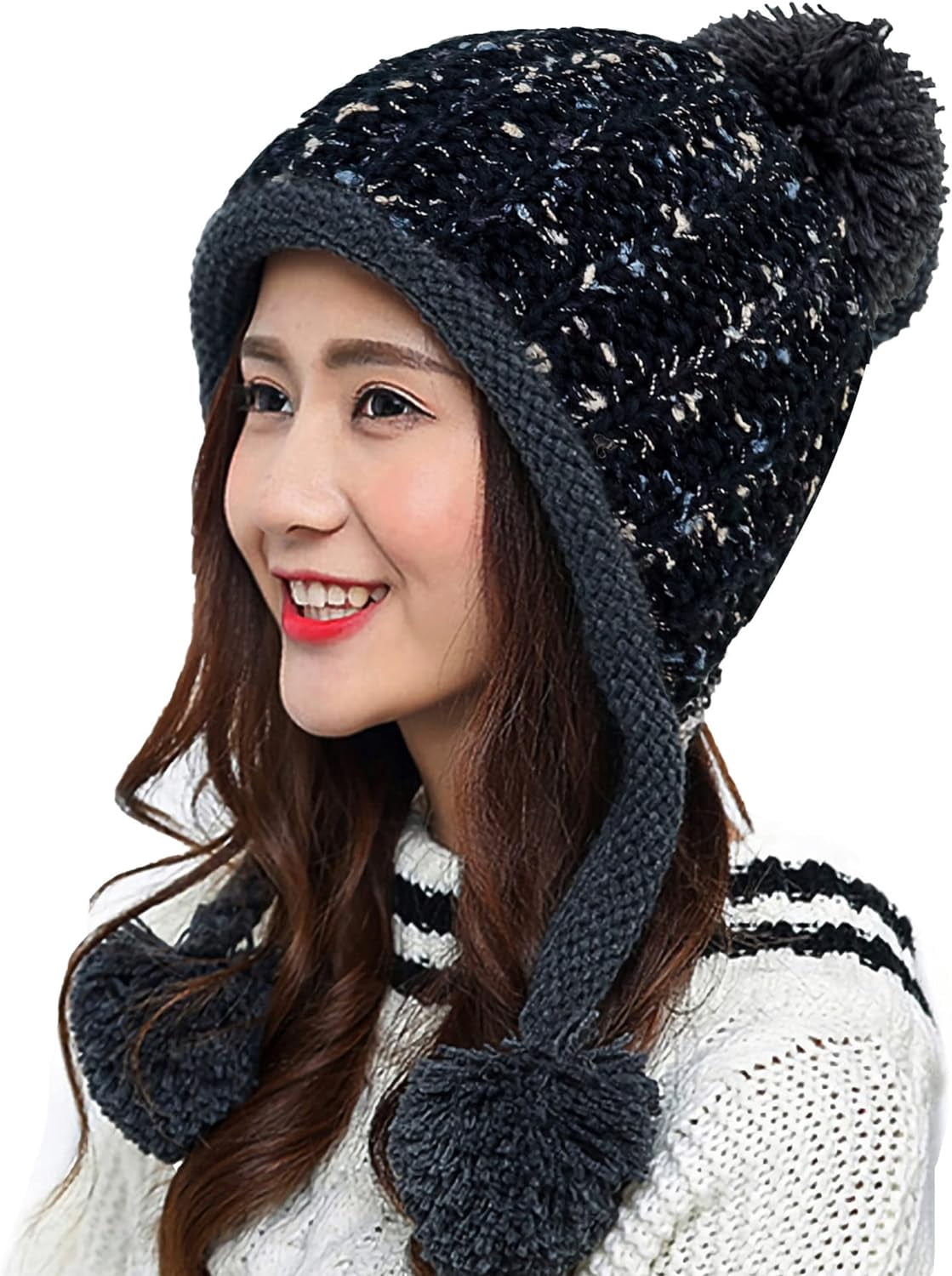 YooGuoGuo Women Winter Beanie Hat Earflap Peruvian Warm Slouchy Fleece Lined 3 Pom Poms Knit Sherpa Fluffy Soft Ski Hats