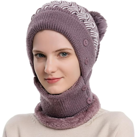 YooGuoGuo Women Winter Beanie Hats One-Piece Fleece Lined Knit Balaclavas Mask Set Skull Neck Circle Scarf Ski Snow Hat Cap with Pompom