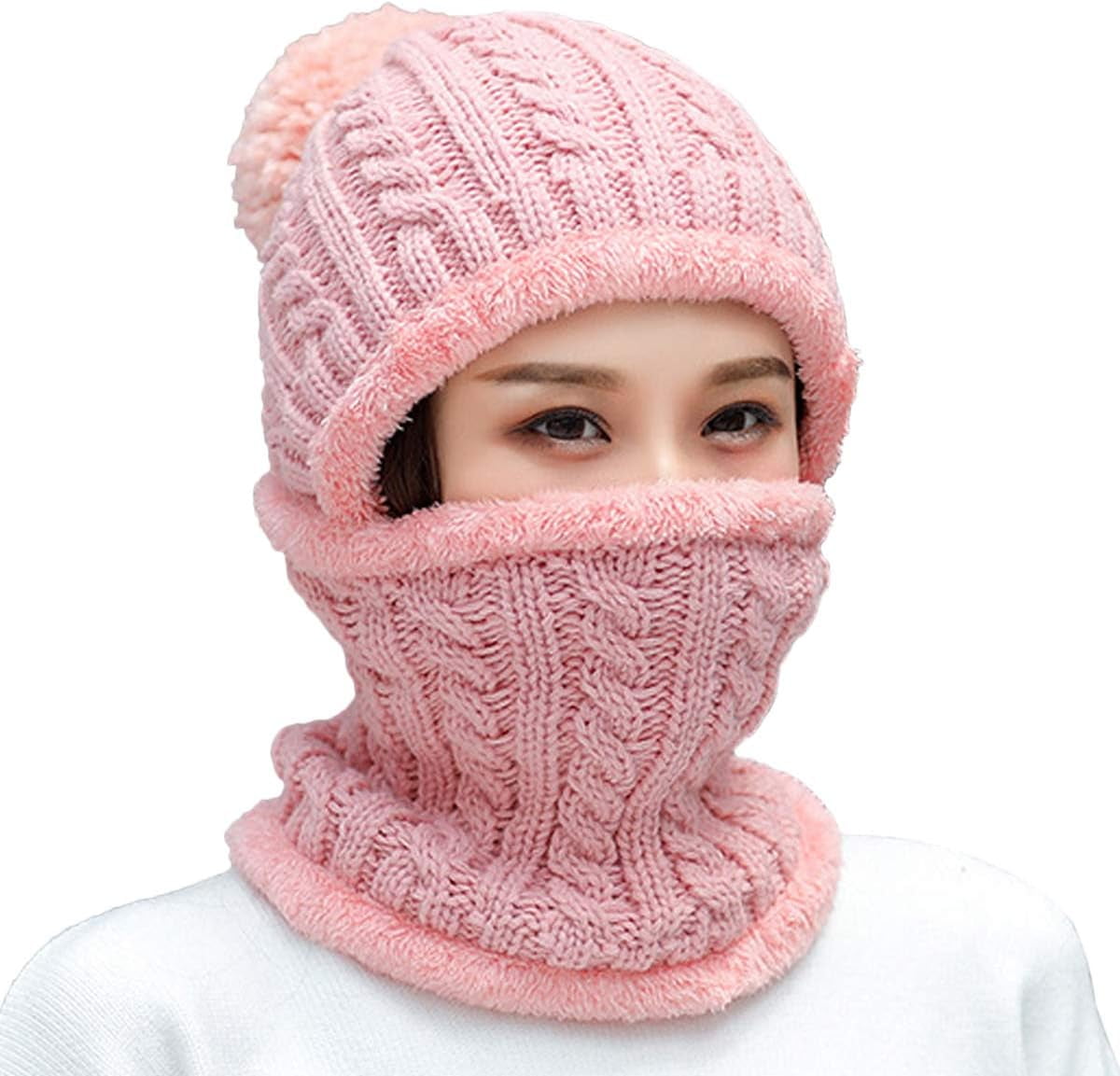 YooGuoGuo Women Winter Beanie Hats One Piece Fleece Lined Knit Balaclavas Mask Set Skull Neck Circle Scarf Ski Snow Hat Pompom