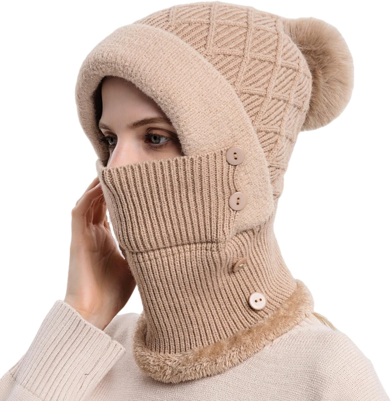 YooGuoGuo Women Winter Beanie Hats One Piece Fleece Lined Knit Balaclavas Mask Set Skull Neck Circle Scarf Ski Snow Hat Pompom