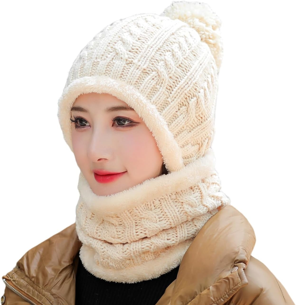 YooGuoGuo Women Winter Beanie Hats One Piece Fleece Lined Knit Balaclavas Mask Set Skull Neck Circle Scarf Ski Snow Hat Pompom