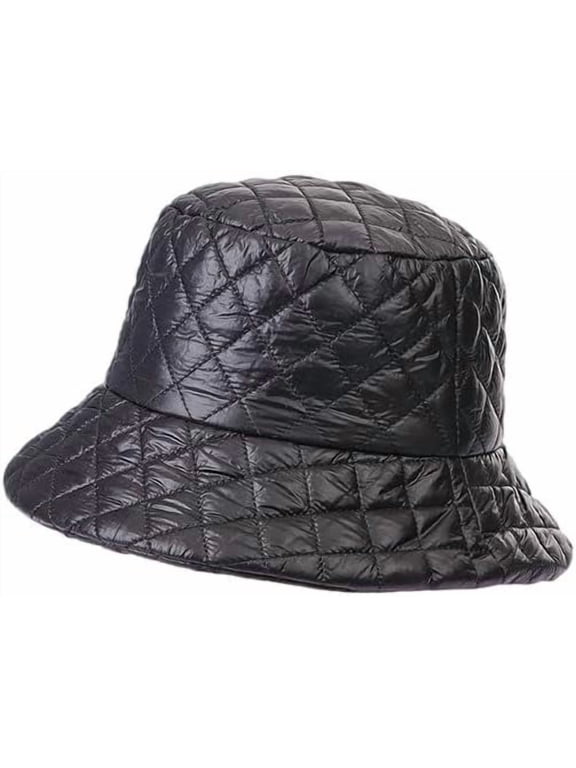 Women Winter Bucket Hat Adjustable Down Quilted Plaid Cap Warm Fisherman Hat