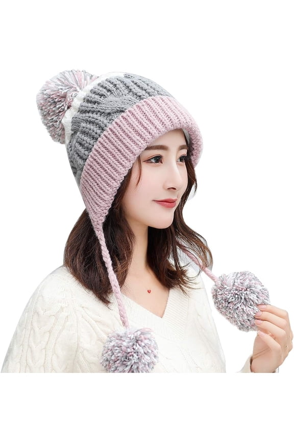 Women Winter Peruvian Cover Ears Beanie Hat Ear Flaps Sherpa Ski Snow Hats Knit Fleece Lined 3 Pom Pom