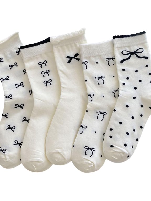 Women's 5 Pairs Boho Bow Embroidered Mid Calf Sock Cute Ruffle Athletic Running Crew Socks