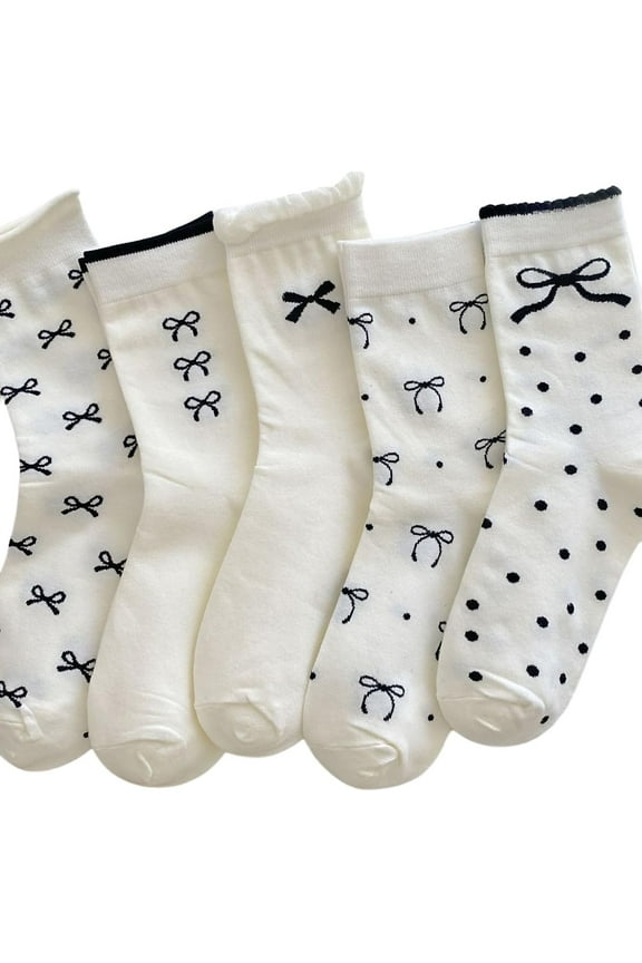 Women's 5 Pairs Boho Bow Embroidered Mid Calf Sock Cute Ruffle Athletic Running Crew Socks